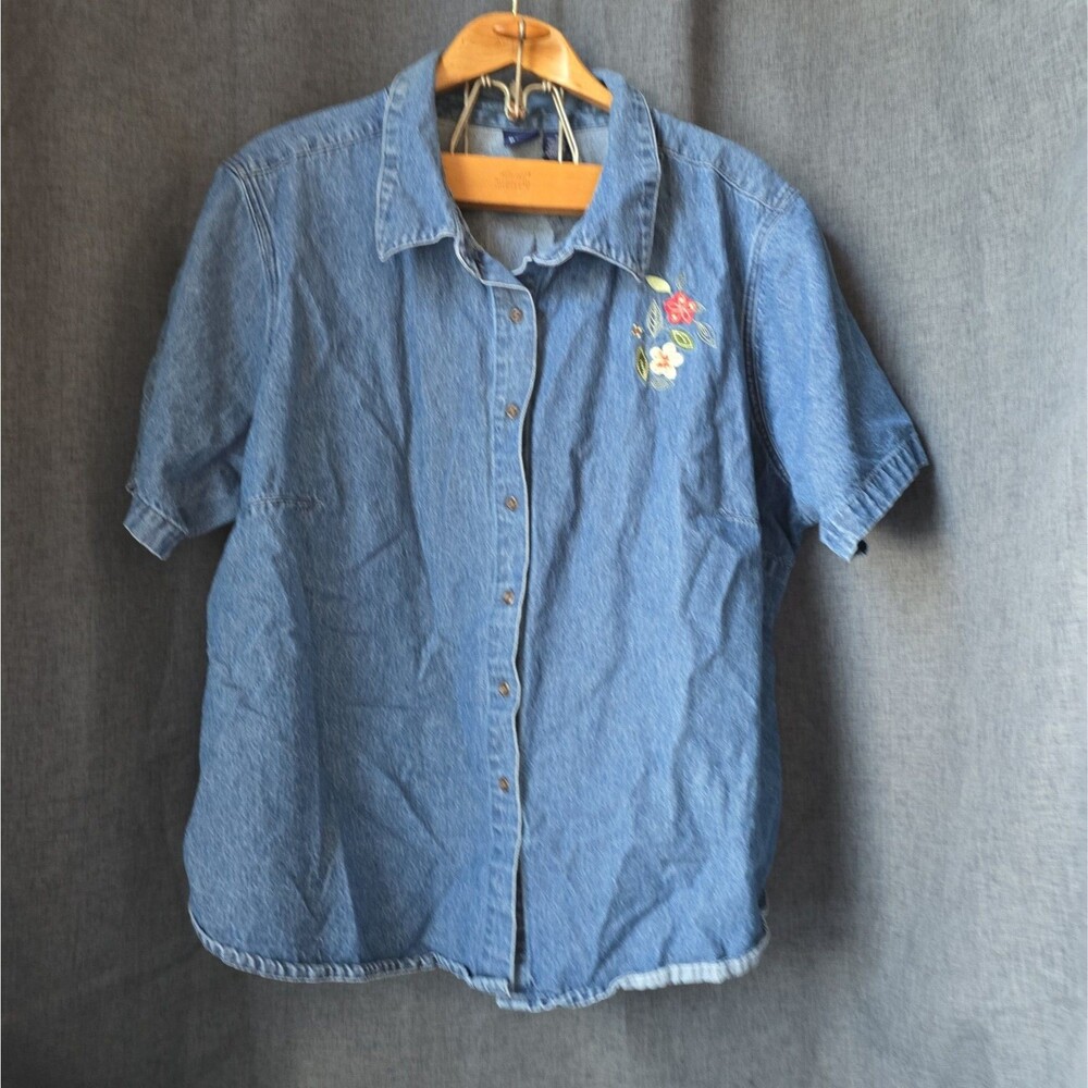 Blue Denim Short Sleeve Shirt Button Down Flower Embellished 3X Cottagecore